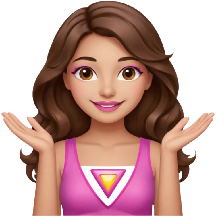 girl with long wavy brown hair, brown eyes, long lashes, sexy pink lips, light to medium complexion, wearing a pink sexy top, smiling, hands together in a tryangle emoji