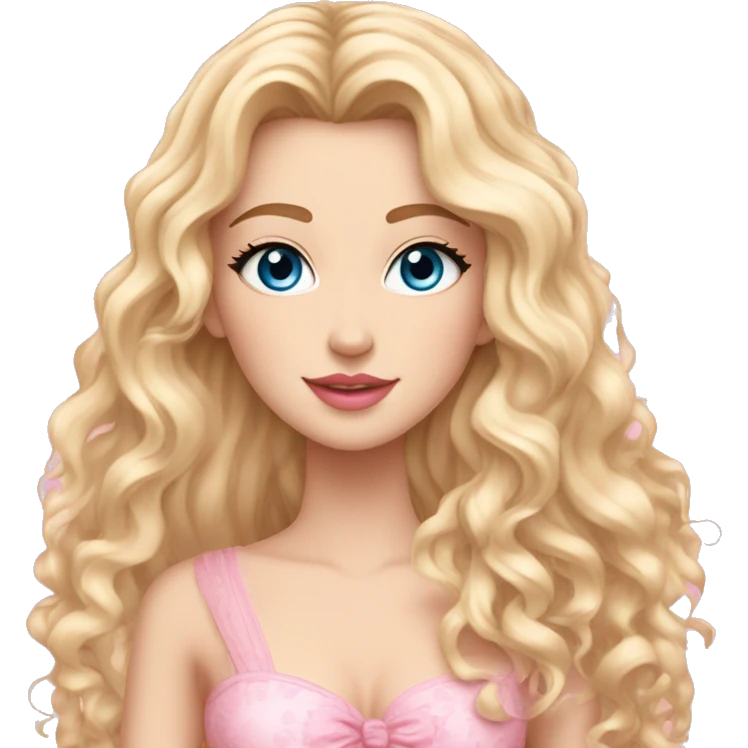 White girl 🧝🏻‍♀️, blue eyes, blond very long curly hair, pink lips, pink sexy dress. Background long. Sakura levitate. emoji