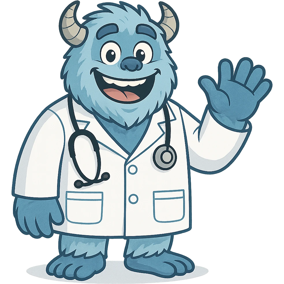 blue yeti with a big smile, in a doctor's white coat, stethoscope around neck, friendly and welcoming emoji