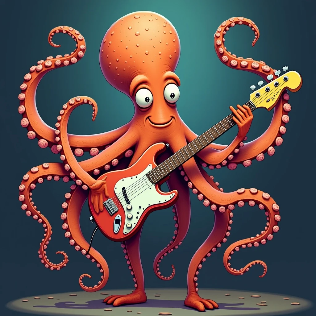 happy octopus with multiple arms playing guitar emoji