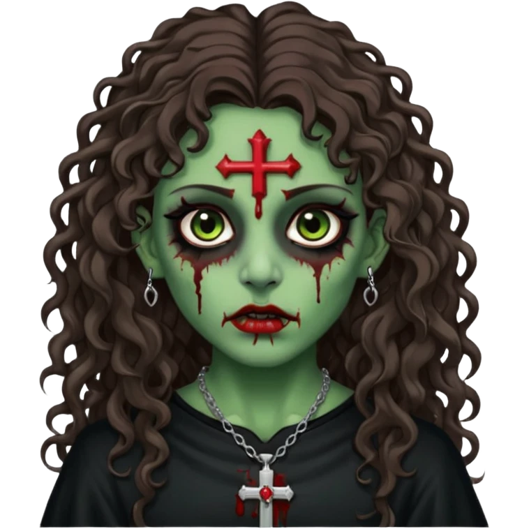 Zumbi verde com olhos castanhos aspecto de que tá sangrando, com cabelo marrom cacheado longo um piercing do lado esquerdo do nariz, roupa preta e crucifixo como colar, e também delineador  emoji