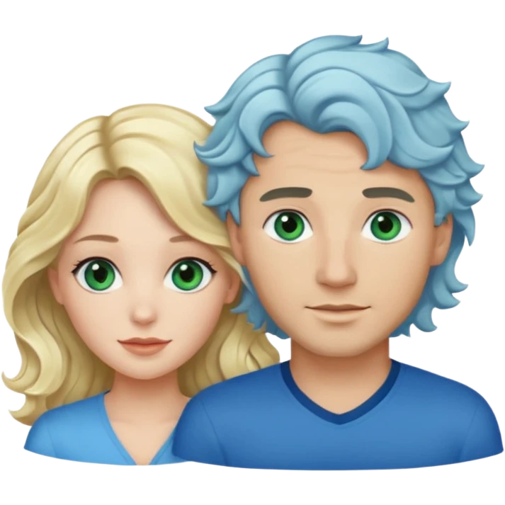 esposos, mujer rubia de ojos azules y pelo semi tomado ondulado, hombre de pelo negro con un mechon blanco ondulado, atractivo de ojos verdes emoji