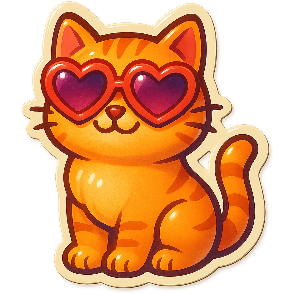 cat with heart-shaped sunglasses, sticker style, cute and fun emoji
