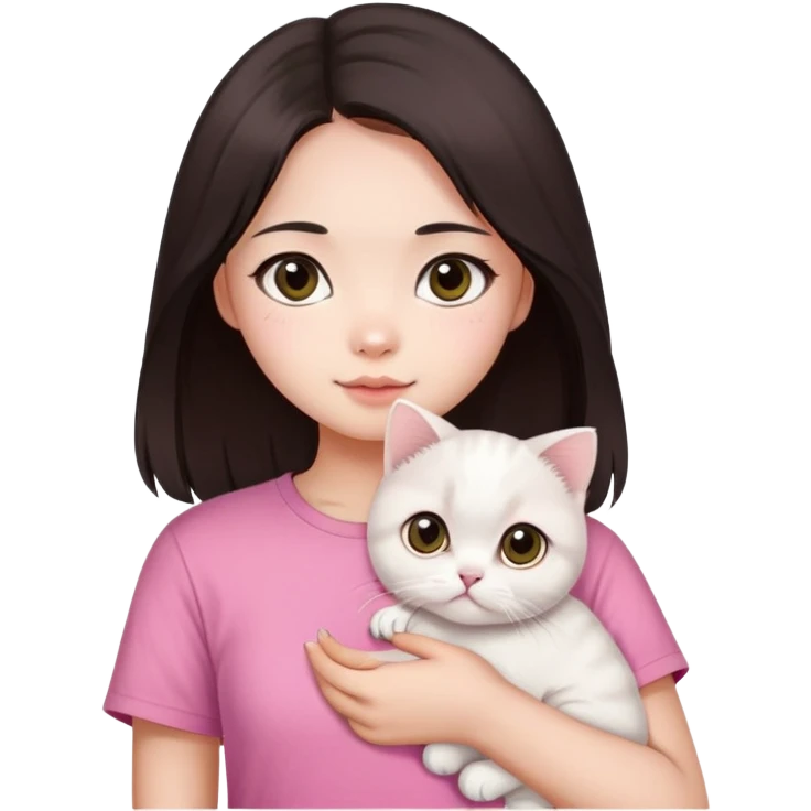 This Chinese girl's got fair skin and big black eyes. She's got long dark brown hair and she's wearing a pink t-shirt. She's holding a white Scottish Fold cat. emoji