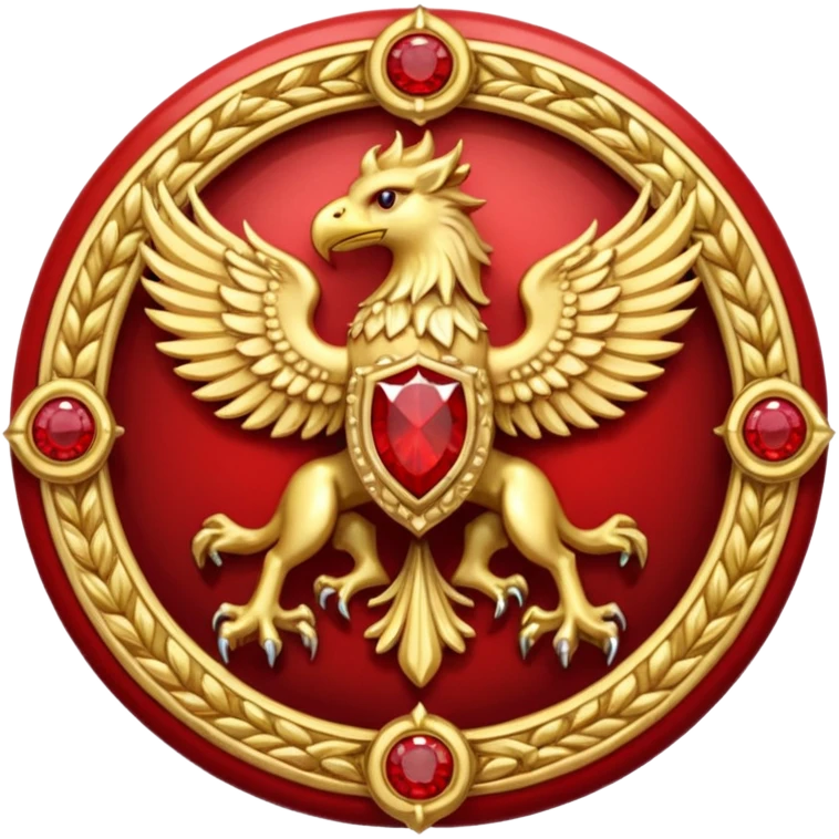 Golden griffin crest / brosch in a circle with two red gems and no background emoji
