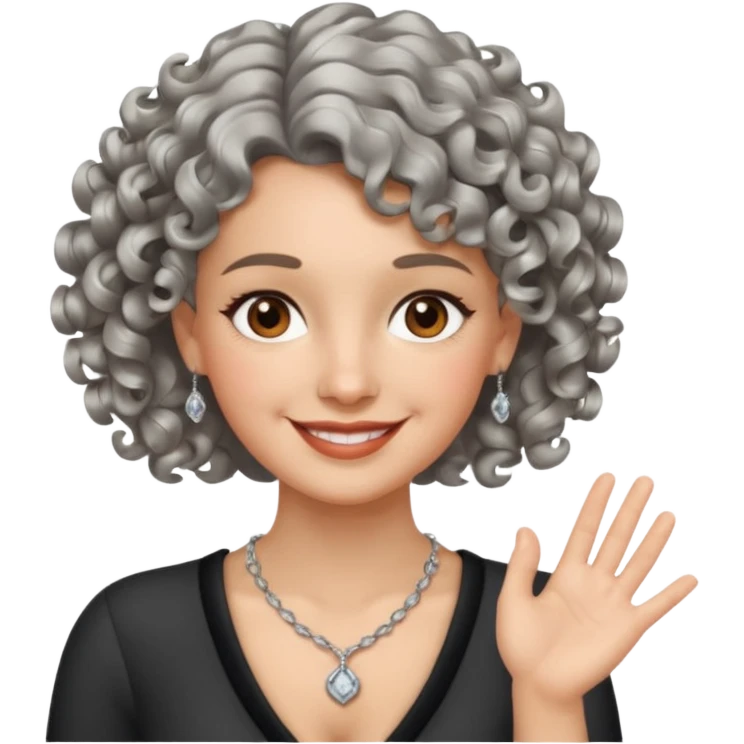 silver, short, wavy-haired with curls, smiling pretty lady, brown/hazel eyes, fingers crossed on right hand

 emoji