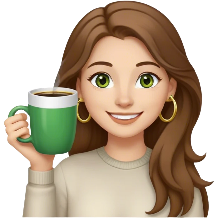Long, Brown haired girl with middle hair part, green eyes, gold hoop nose ring, smiling, waving with one hand, coffee mug in the other emoji