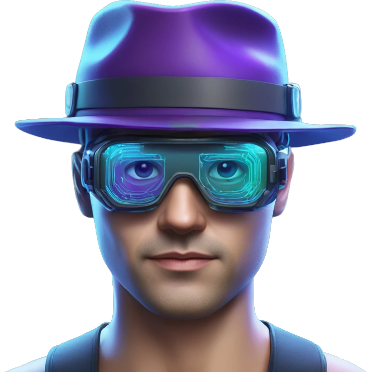 Secret human agent in a hat with  cyberpunk elements in Apple VR googles headset scanning looking reviewing multicolor lines of code, cyan and purple colors, only upper body portrait emoji