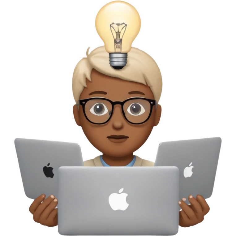 Like a cartoon working with a computer (macbook, showing the apple logo) thinking and a light bulb above his head while he thinks emoji