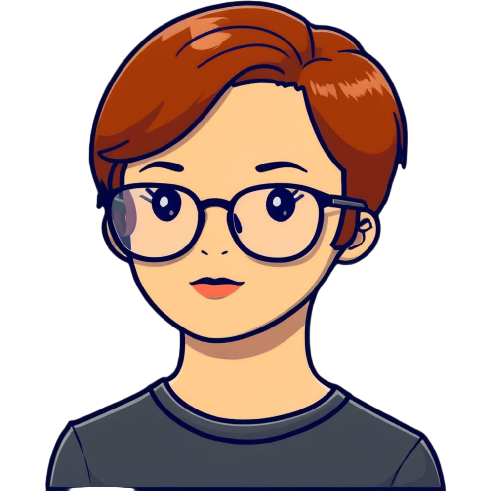 woman in her 20s with auburn pixie cut (side part) and glasses emoji