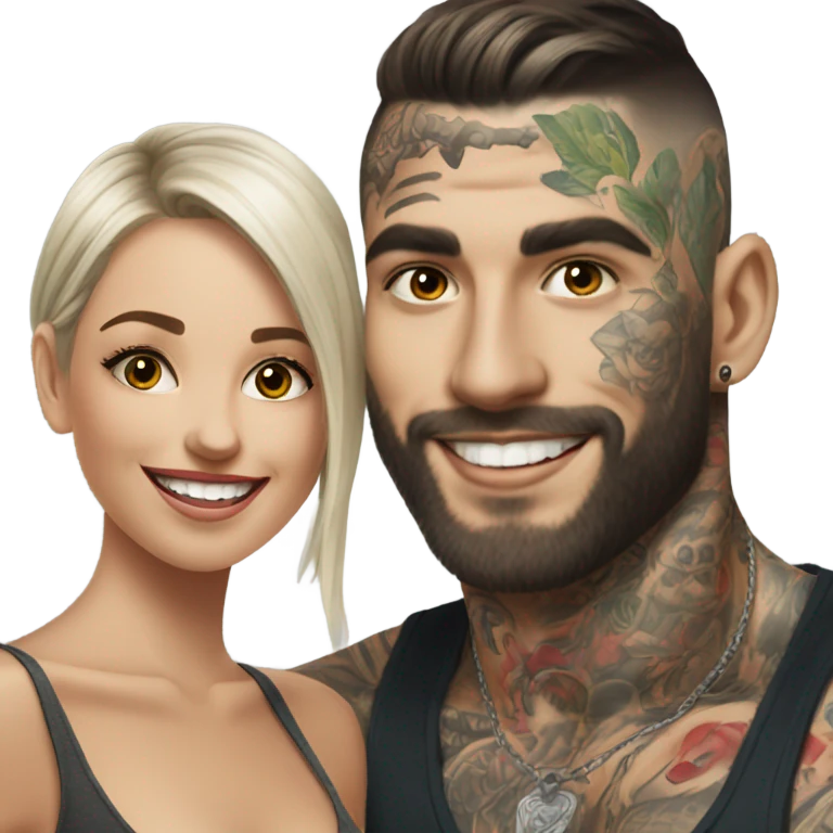 Photo Female model smiling at a very handsome tattooed man drinking  emoji