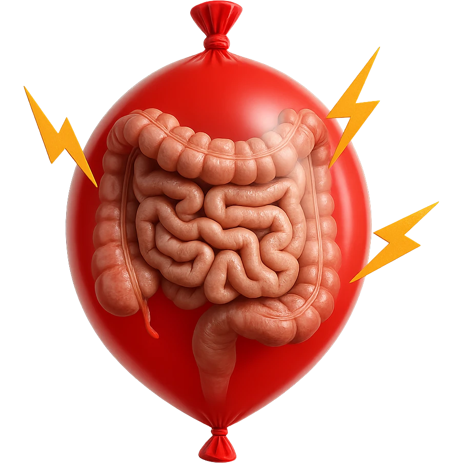 intestino umano anatomico chiuso in un palloncino rosso che simboleggia gonfiore, accanto simboli di fulmini e che simboleggiano "dolore", iperrealistico 4k emoji