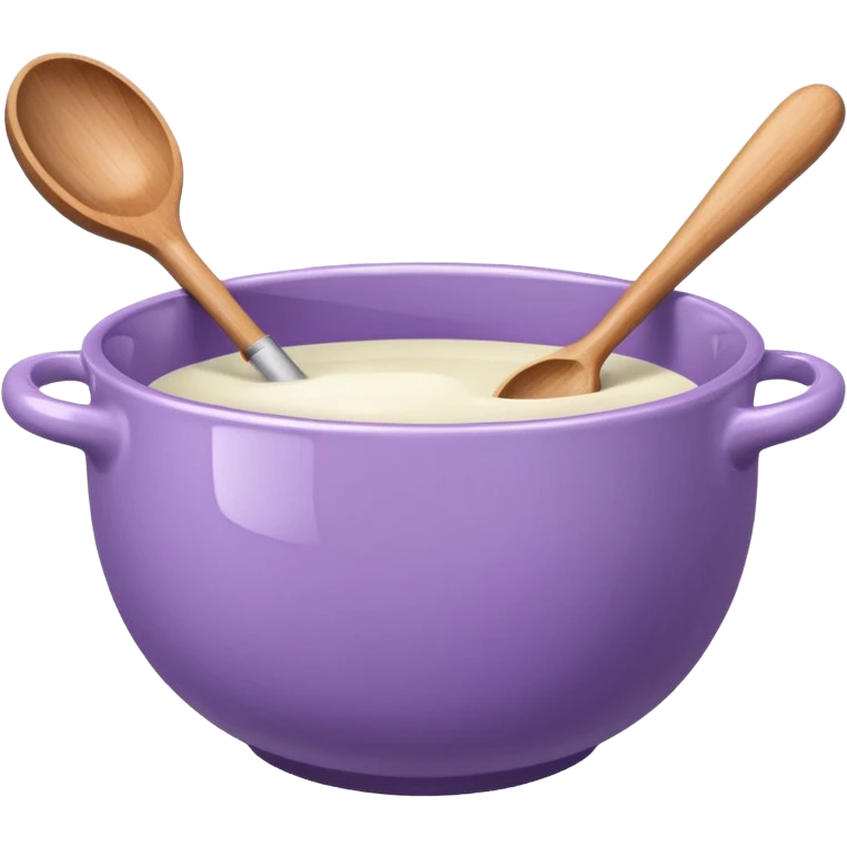 a lilac ceramic mixing bowl with a wooden spoon stirring emoji