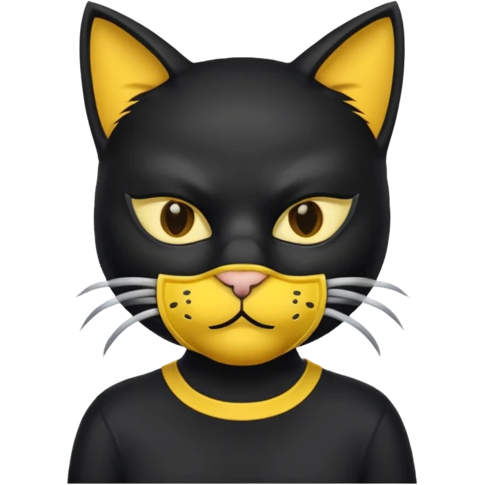 a black cat with yellow mask and shirt, half upon
 emoji
