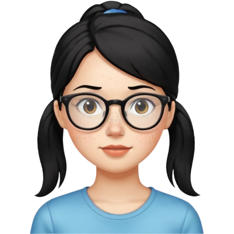 안경 쓰고있는 검은색 머리 한쪽만 포니테일하고 잇는 여자애를 그려줘 주근깨도 좀더 못생기게 emoji