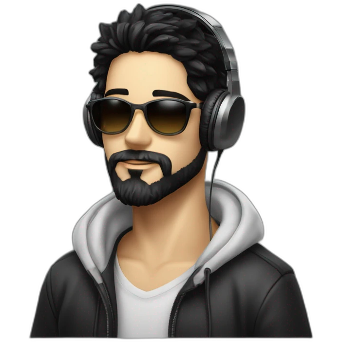A stylish boy wearing headphones and sun glasses and in background music waves black hair black beard new trending look white skin colour emoji