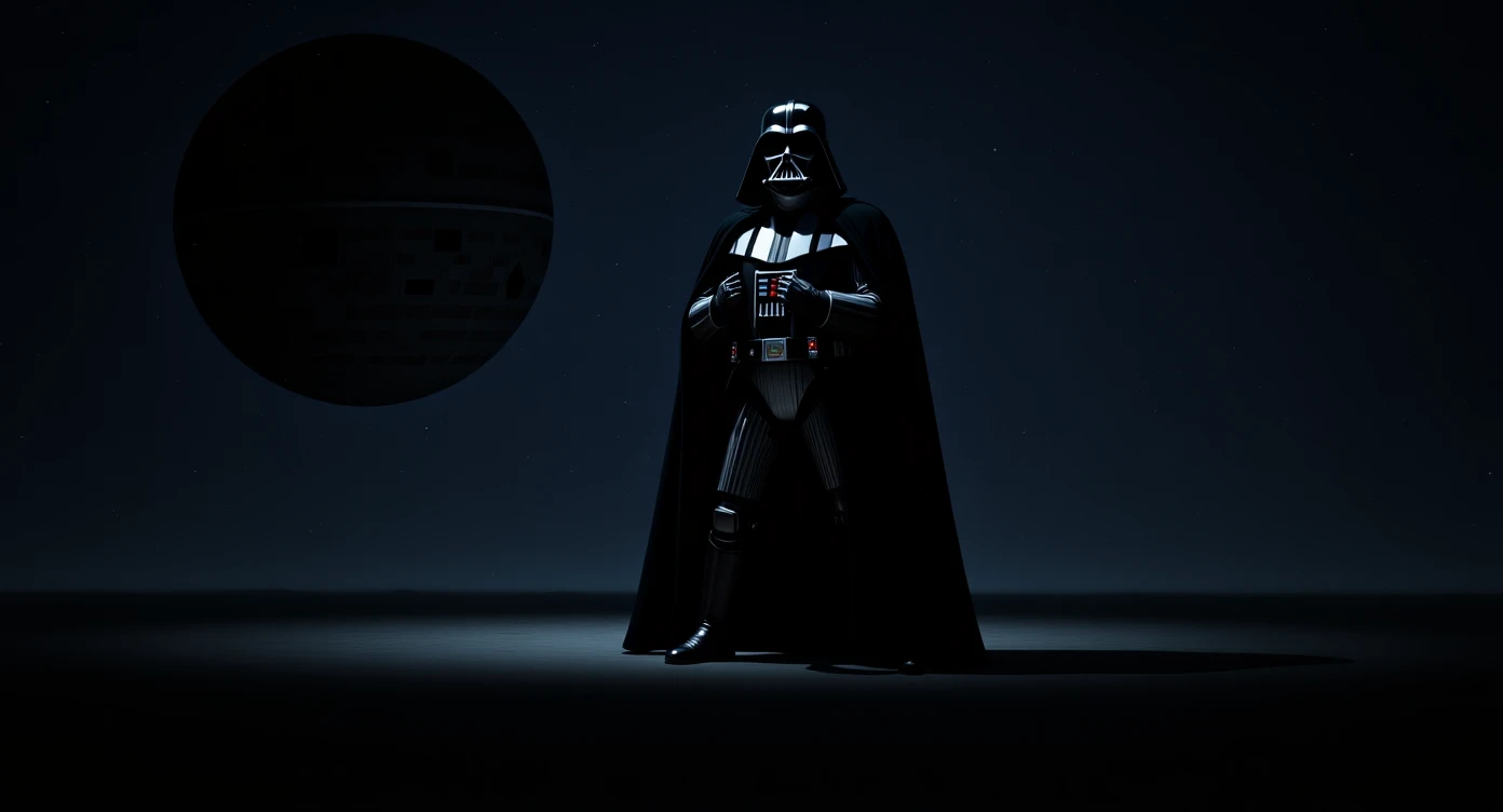 cinematic still, documentary photography, space and death star, well lit scene, Darth Vader floating in space, close up, front shot, rule of thirds emoji