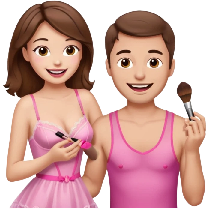 brown hair male getting sissified in pink lingerie dress by his wife. the wife is laughing. she is doing makeup emoji