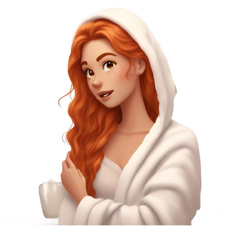Girl putting cream on face bathroom red orange hair orange brown eyes beautiful face thick eyelashes pink lips gorgeous skinny fair skin white aesthetic tall girl doing skincare cozy robe hair in white towel emoji