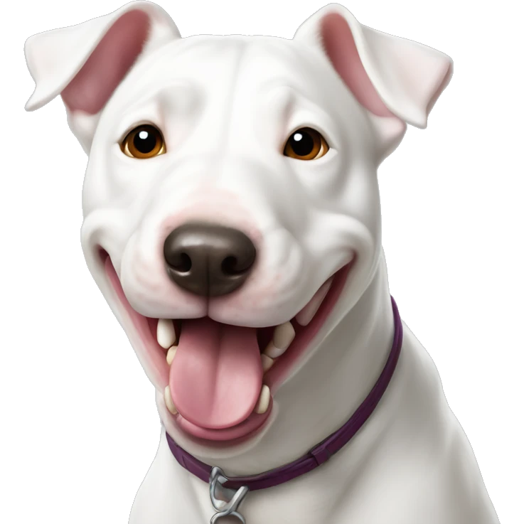 White bull terrier with light smile and tongue out emoji