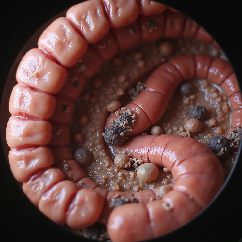hyperrealistic 4K view of female intestine, altered microbial flora, visible bacteria and fungi, swollen and reddened walls, clinical atmosphere emoji