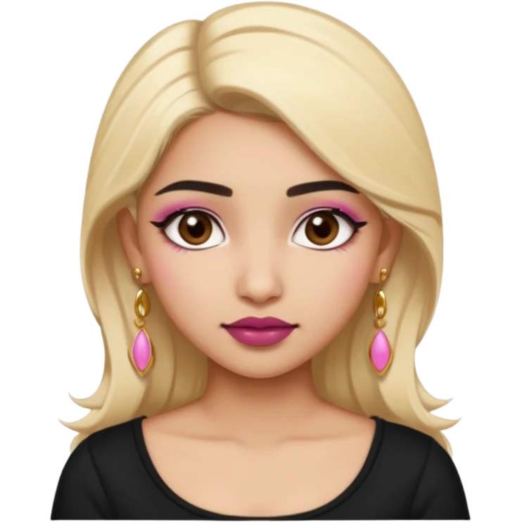 Sweet Indian girl blonde hair darkbrow eyes brown lipstick, pink blush, black top gold earrings, brown eyebrows  emoji