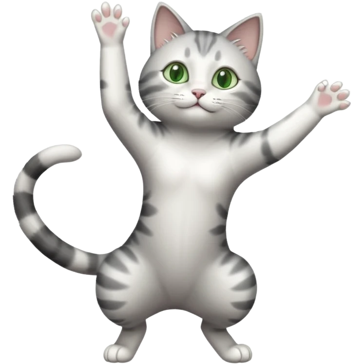 grey and white cat with green eyes doing a big extremely long stretch reaching up into the air with arms and legs side by side together emoji