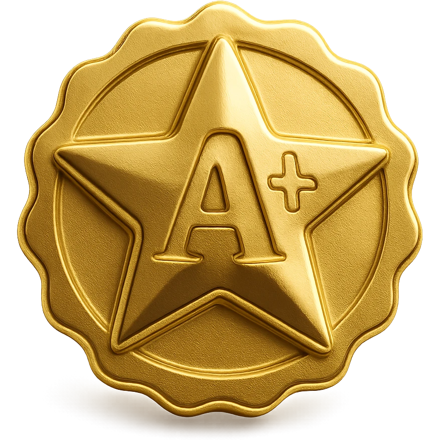 A+ grade on a school report, gold star sticker, shiny and rewarding emoji