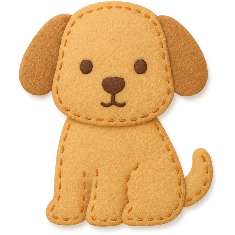 <StylePrompt>
  <Name>Minimal Felt Appliqué Icon</Name>
  <Description>
    A simplified plush icon style with soft felt textures, minimal facial features, and gentle stitching. Focuses on iconic shapes with low visual complexity for maximum clarity at small sizes.
  </Description>
  <VisualProperties>
    <Material>Felt</Material>
    <Texture>Soft, matte surface with faint fiber detail</Texture>
    <Stitching>
      <Type>Thin thread</Type>
      <Color>Muted orange or brown</Color>
      <Pattern>Sparse edge stitching only</Pattern>
    </Stitching>
    <Padding>Low to moderate—slightly puffy but not high-relief</Padding>
    <Edges>Smooth, rounded</Edges>
    <ColorPalette>
      <Primary>Warm yellows, oranges, and browns</Primary>
      <Accent>Minimal dark brown for eyes and nose</Accent>
      <Background>Plain or soft gradient, off-white preferred</Background>
    </ColorPalette>
  </VisualProperties>
  <FacialFeatures>
    <Eyes>Small circles, dark brown</Eyes>
    <Nose>Simple dot or triangle</Nose>
    <Mouth>Omit or use curved line only</Mouth>
    <DetailLevel>Low</DetailLevel>
  </FacialFeatures>
  <Rendering>
    <Lighting>Flat and soft, minimal shadows</Lighting>
    <Perspective>Side or front profile, no complex angles</Perspective>
  </Rendering>
  <Applicability>
    <SubjectType>Animals, objects, icons</SubjectType>
    <OutputFormat>Flat icon or patch-style asset</OutputFormat>
  </Applicability>
</StylePrompt>


{subject} = dog emoji
