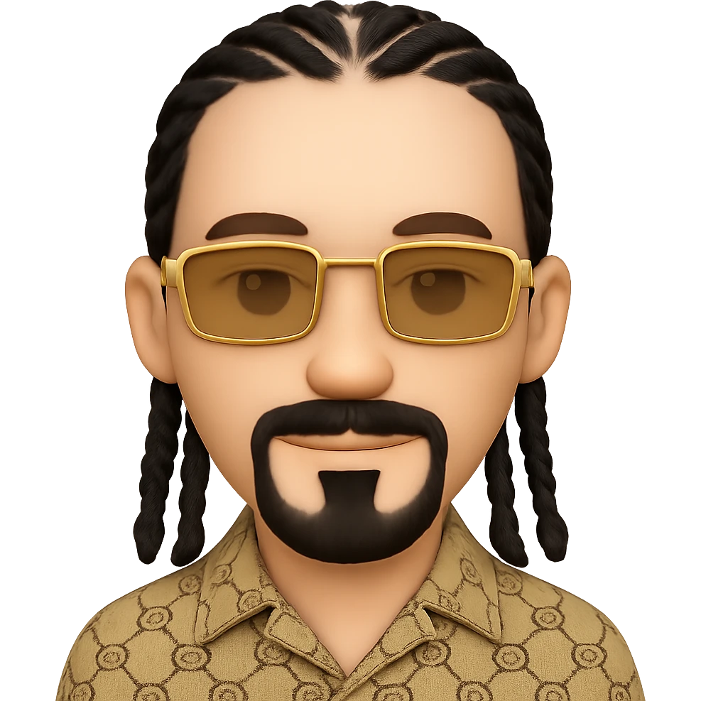 emoji of a thin-faced smiley with light skin, chin-only beard, mustache above upper lip, no hair under lower lip, intricate black braids, gold rectangular sunglasses, beige GG patterned shirt with collar, transparent background, match reference photo details emoji