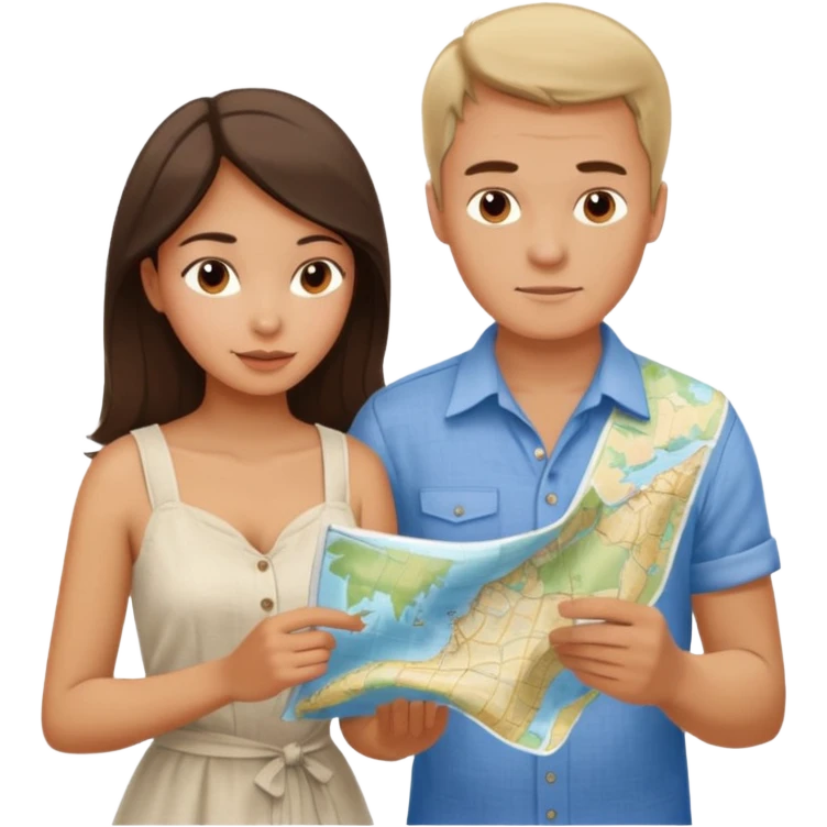 Russian man and elegant fair-skinned Latina girl in costal outfits with a map planning  emoji