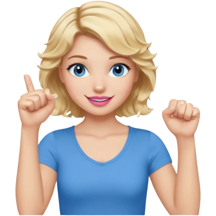 Girl Blonde short wavy hair,  blue eyes, cute blue top, long lashes, pink lips, smiling, fist bump emoji