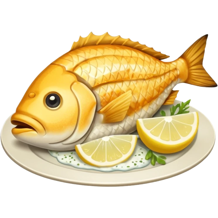 Create a realistic fried fish piece served with sauce & garnish. emoji