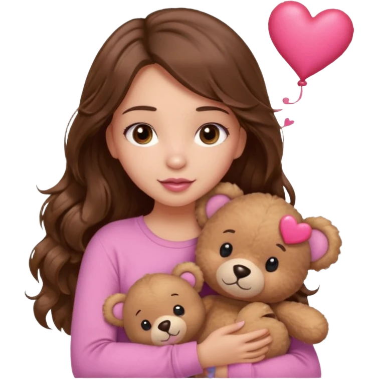 girl with long wavy brown hair, brown eyes, light to medium complexion, in a pink shirt, pink lips, long lashes, hugging squeezing  a teddy bear with hearts emoji