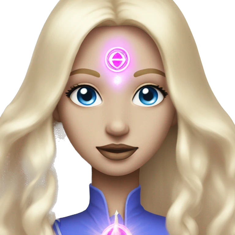magical diva with thin pink andromedan face long blonde hair and blue eyes glowing third eye emoji