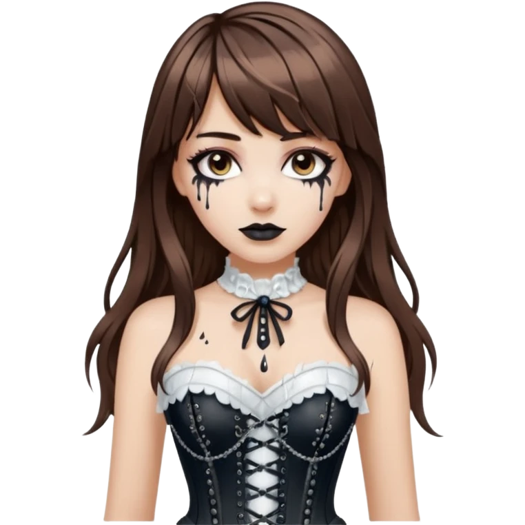 white girl, brown hair, bangs and long hair, dark makeup. Detailed corset top with white paint dripping,  emoji