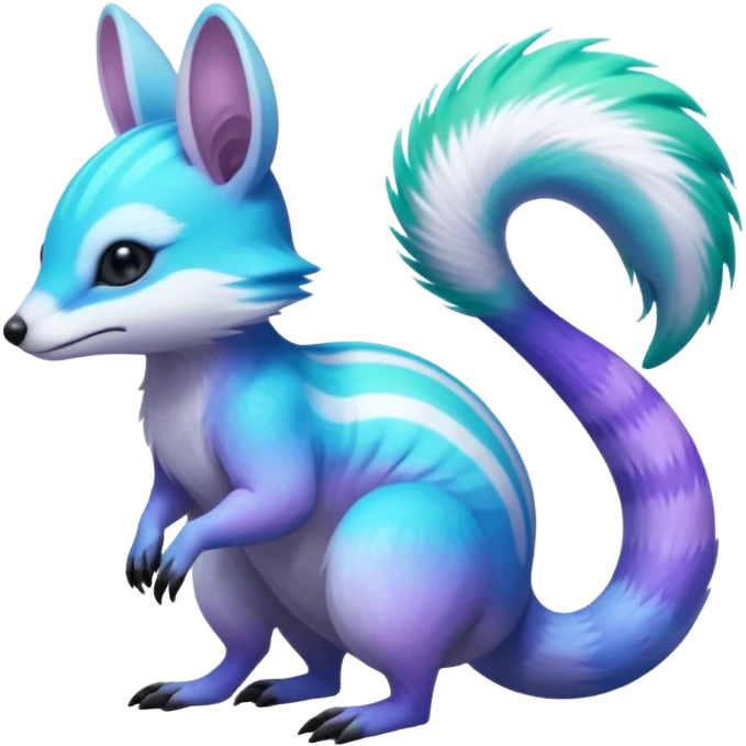 Iridescent Neon Green-Cyan-Blue-Purple-gradients Minccino-Numbat-Sergal-fusion-hybrid-animal-creature, full body emoji