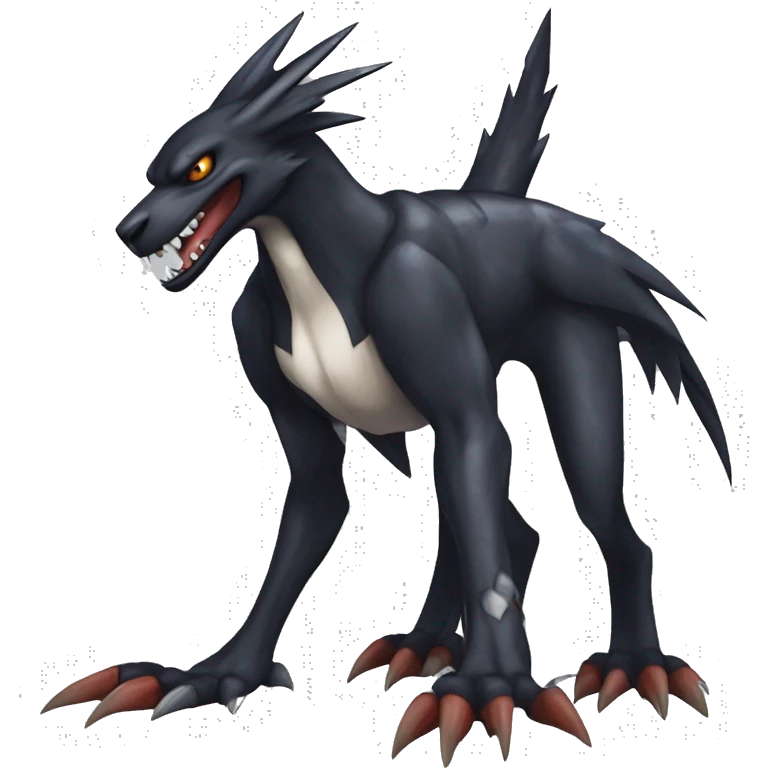 Black, Cool, Edgy, Nargacuga-Garchomp-Houndoom-Sergal Fakémon-Digimon with sharp markings,  full body emoji