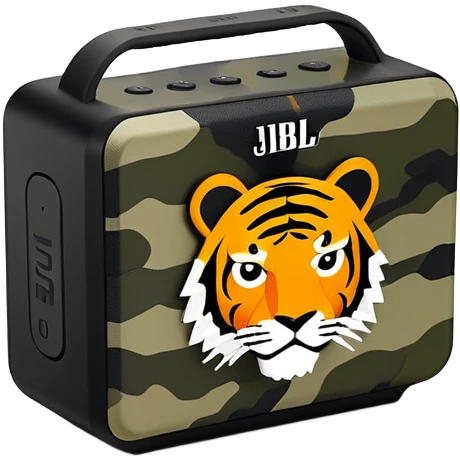 Sleek JBL Go 4 with tiger stripe camouflage pattern, minimal aesthetic, portable speaker, simplified silhouette emoji