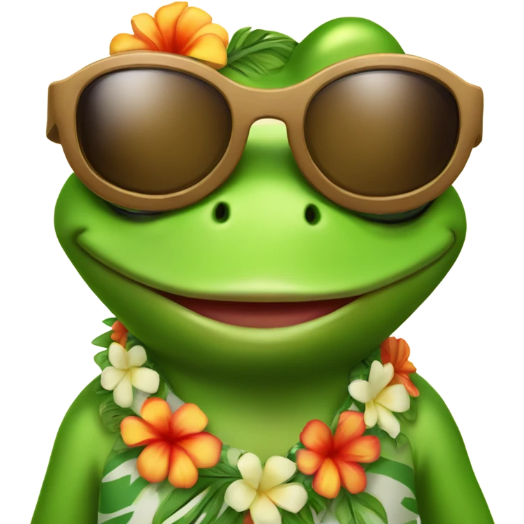 Hawaiian-inspired cartoon frog (Pepe) wearing a traditional Hawaiian shirt, sunglasses, and a flower garland around its neck. emoji