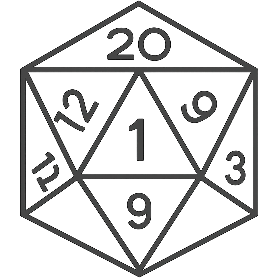 Rotate the D20 dice so the side facing the viewer shows the number 1. Maintain the minimalist style with simple lines, a clean look, and monochrome colors. No background. emoji