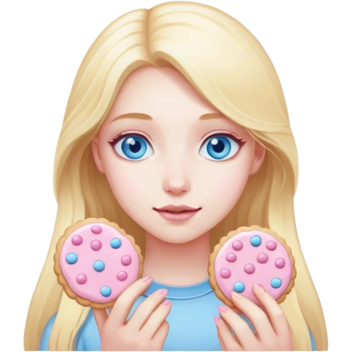 Blonde girl with pale skin and blue eyes and long hair with light pink cookies emoji