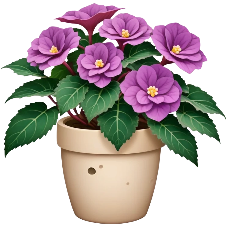 Begonia Rex with dark green leaves, purple edges, white spots in the middle, and prominent spiral centers where leaves grow from, in a beige pot emoji
