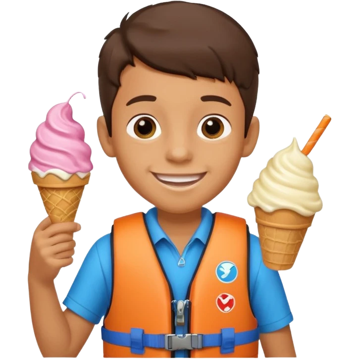 boy kid wearing lifejacket, holding ice cream emoji