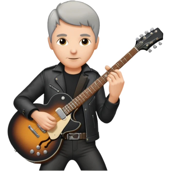 a short grey hair, middle age metal head with black leather, playing a classic epiphone eletric guitar emoji