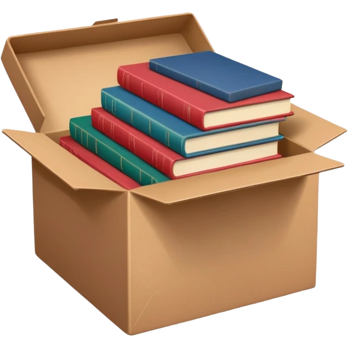 
An open brown cardboard box with softly rounded edges, filled with a small stack of colorful hardcover books (muted red, blue, and green). emoji