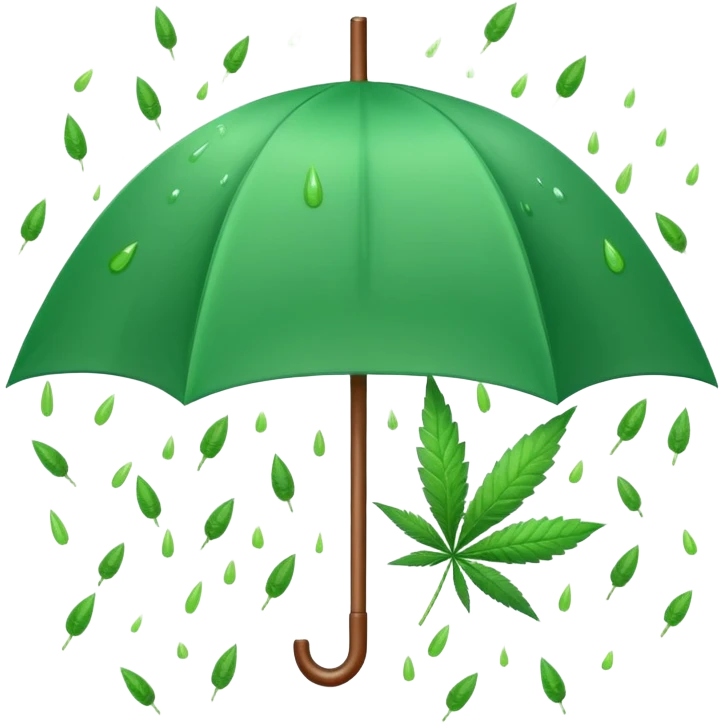 Candy raining from the sky with an umbrella and a cannabis leaf emoji