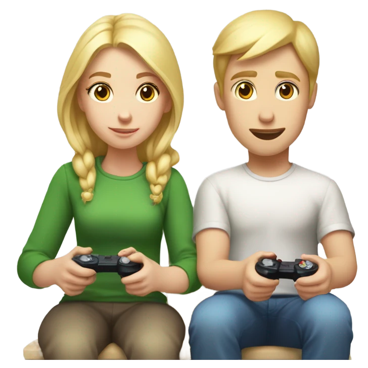 Blonde Girl with white skin and blonde boy with white skin sit playing with joysticks   emoji