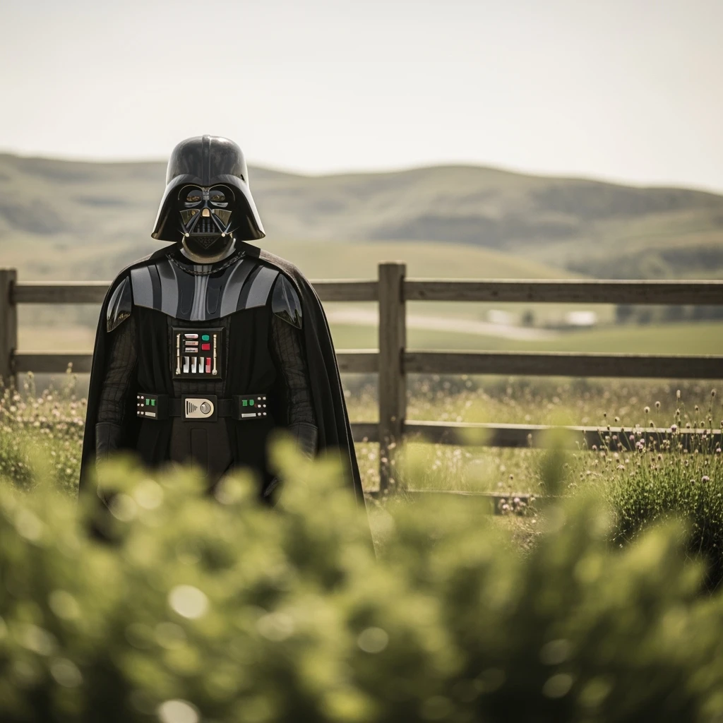 A portrait of a Darth vader in the foreground, blurred plants in the foreground (close to the camera), a wooden fence in the midground, rolling hills in the background, cinematic depth of field, layered composition, natural lighting emoji