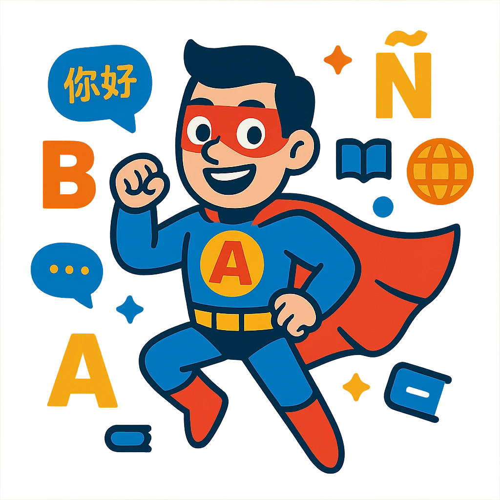 super hero mascot for language learning, surrounded by floating letters and language icons emoji